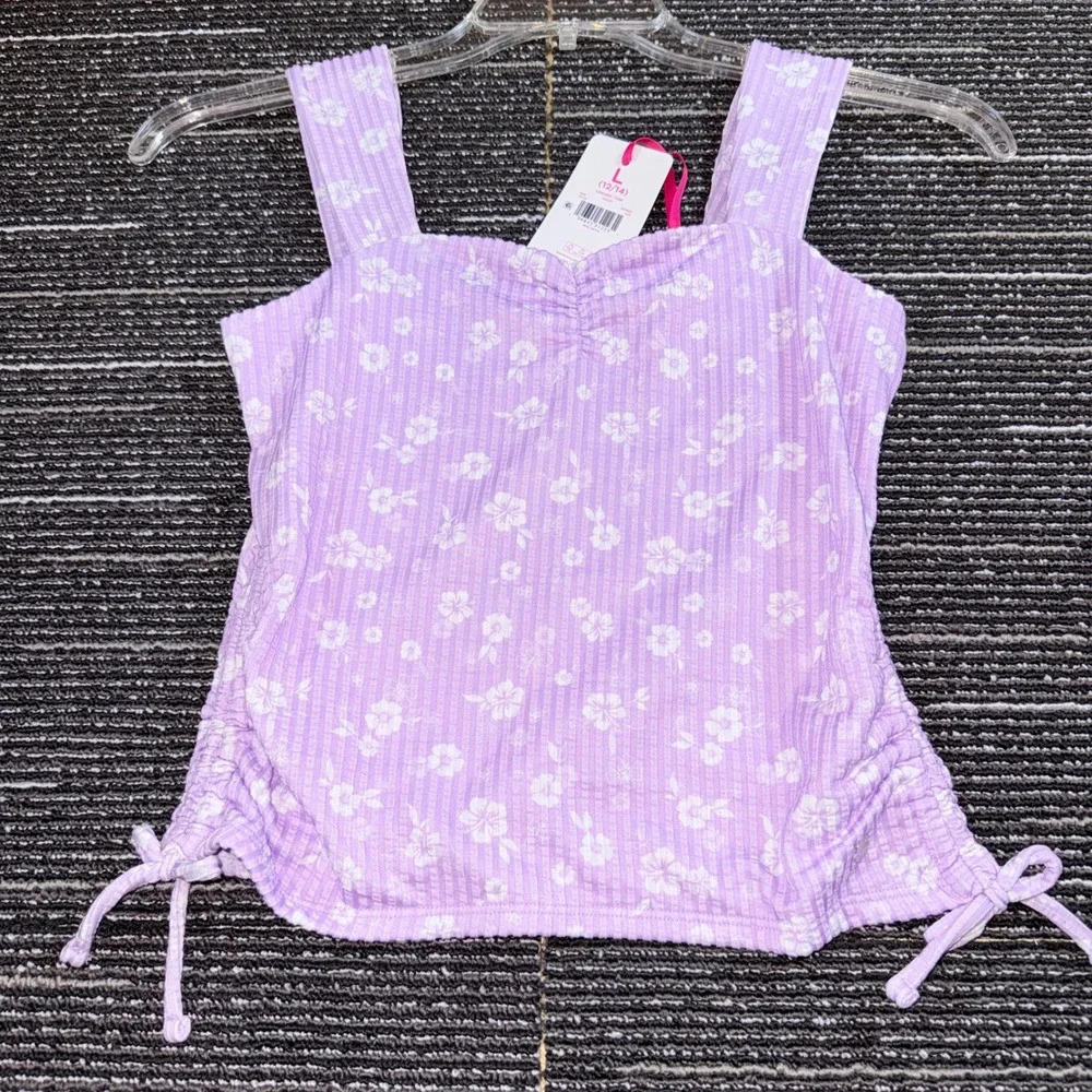 Justice Cinched Tank Girls Size L 12/14 NWT Violet Floral Ribbed Ruched Top